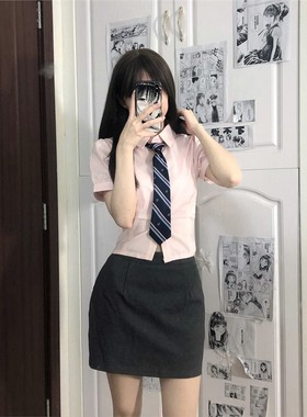 JIC火星institute泡泡袖收腰衬衫女韩系短款背心收腰包臀裙JK套装