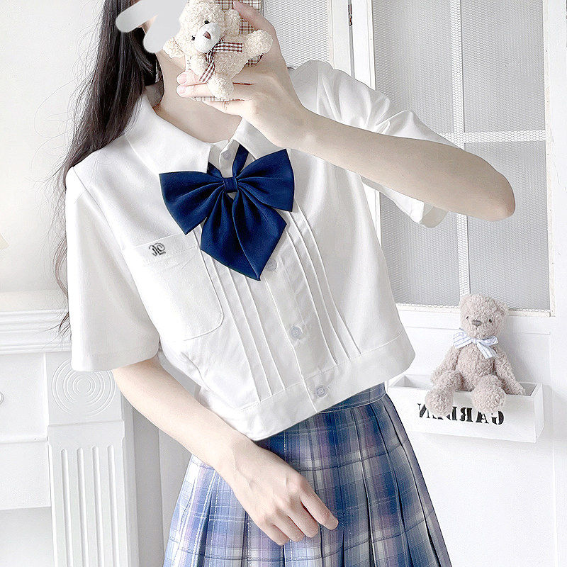 JIC十字星系原创Jk衬衫腰短袖夏季学院风格制服基本手风琴褶裥白