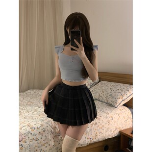 JIC32CM狗短jk制服裙正版原创澈格裙高腰显瘦a字百褶格子短裙防走