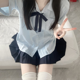 Jk衬衫 短袖 女式 制服日式 女 JIC 学校角襟手风琴褶白蓝衬衫 小耐