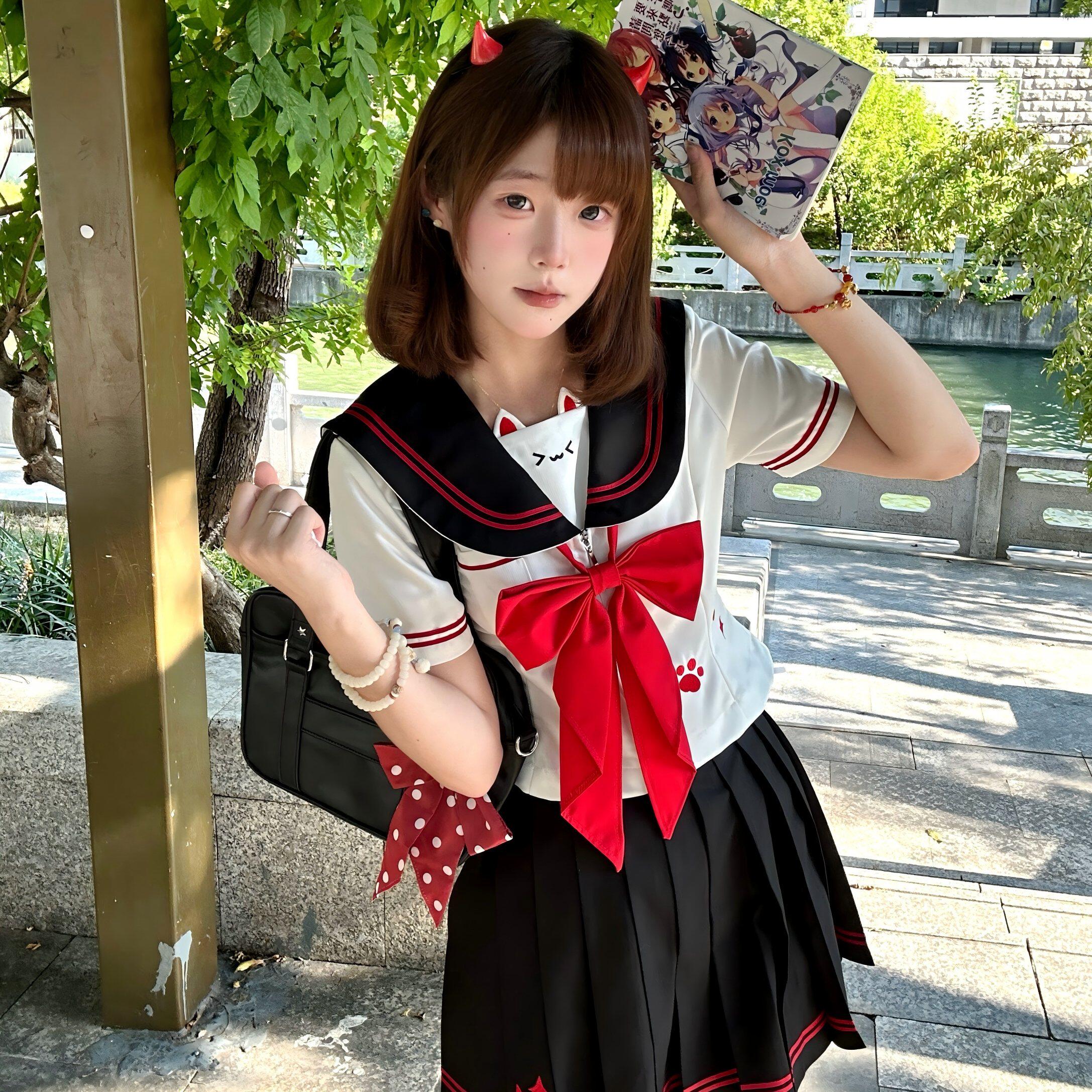 JIC小苍兰原创【浆果小喵】黑红制服套装夏季收腰水手服日系学院
