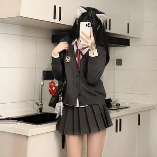 JIC灰色毛衣开衫学院风JK制服套装秋季薄款女外搭上衣宽松jk针织