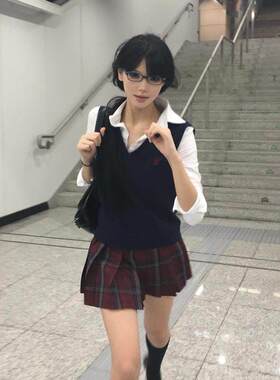 JIC火星家JK制服原创【玄】裙正版格裙叠穿背心狗短36CM高腰半身