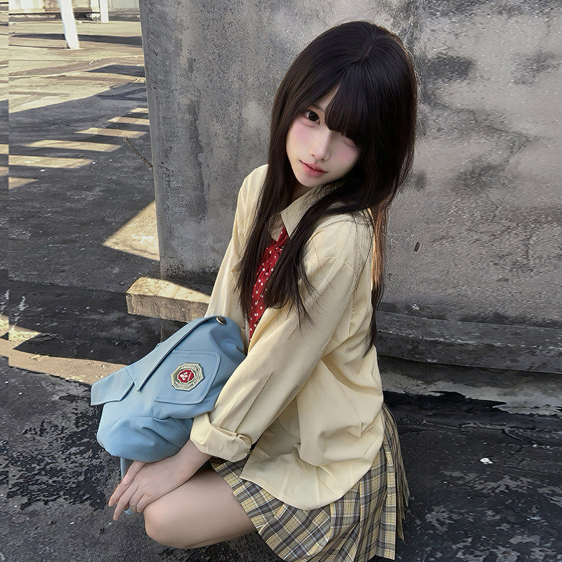 JIC原创火星家jk制服 黄色宽松衬衫长袖衬衫西装外套女格裙西服套