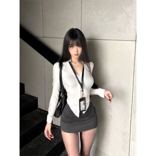 JIC火星institutejk收腰衬衫白色衬衣女polo修身显瘦长袖v领上衣