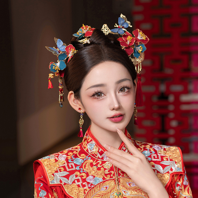 红蓝秀禾头饰新中式酒红撞蓝色花