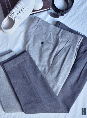 HBM 秋冬羊毛法兰呢浅灰色九分裤子那不勒斯皮带款中腰翻边男西裤