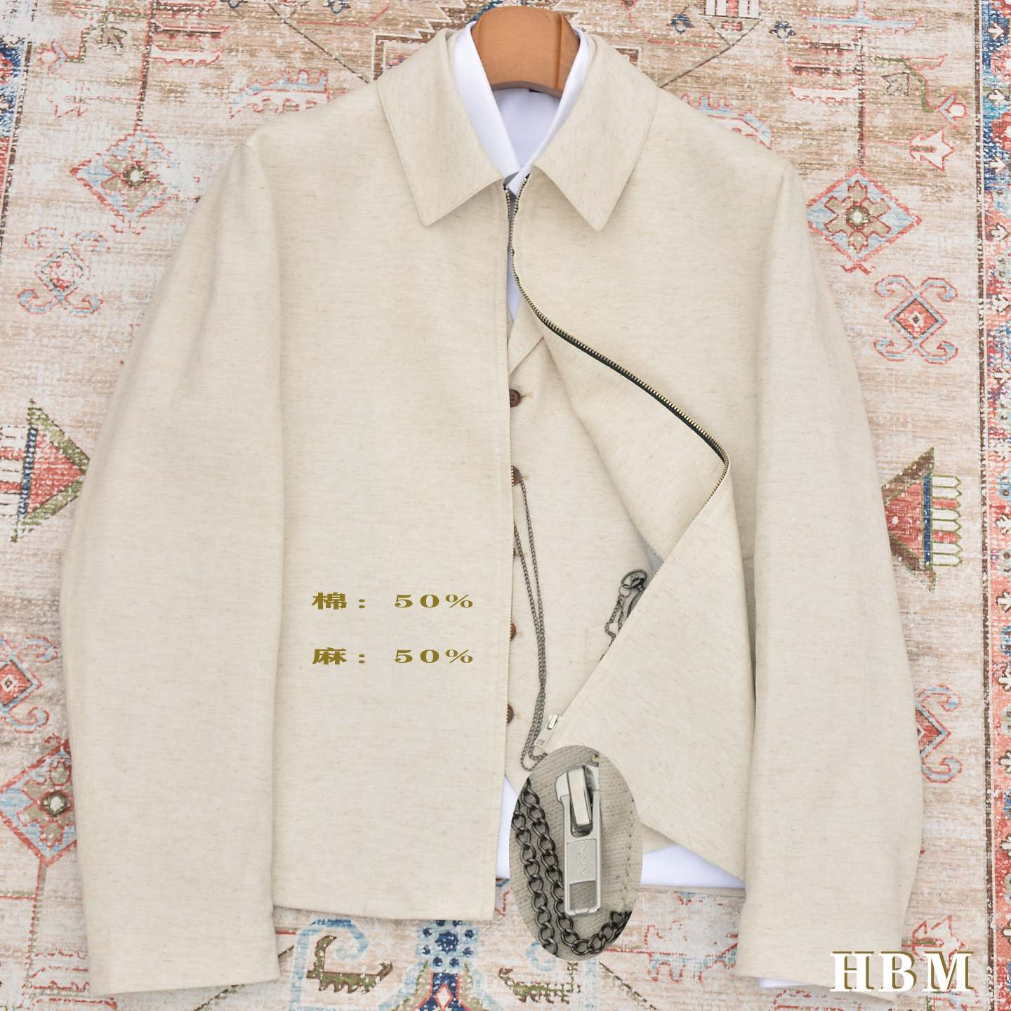 HBM春新款米白色棉麻混纺商务休闲翻领外套弹力夹里拉链短夹克男