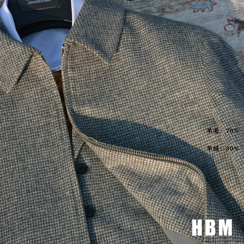 HBM灰色千鸟格羊毛羊绒夹克