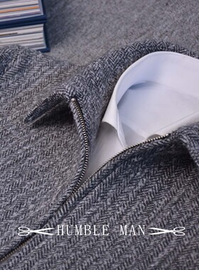 HUMBLE MAN重磅法式人字纹烟灰色毛呢夹克拉链款翻领短大衣外套男
