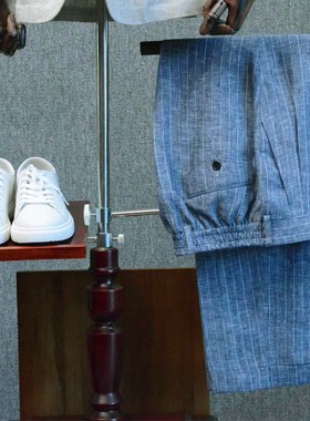 HUMBLE MAN新款纯亚麻浅蓝色条纹西裤那不勒斯松紧腰翻脚口双折裤