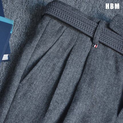 HBM秋冬羊毛480g重磅粗花呢烟灰色鱼骨人字纹裤子皮带款翻边西裤