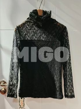 【米果家】春秋季新款女装黑色镂空蕾丝修身网纱高领女长袖打底衫