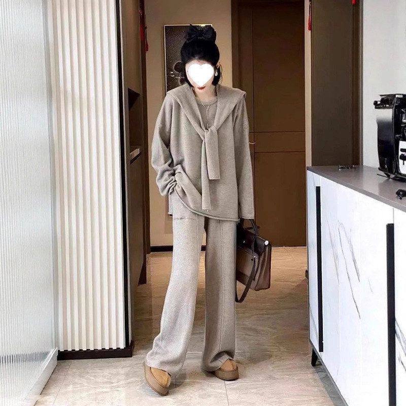 女宽松年潮秋冬长裤套装2025直筒显瘦新款阔腿纯色套头三件套针织