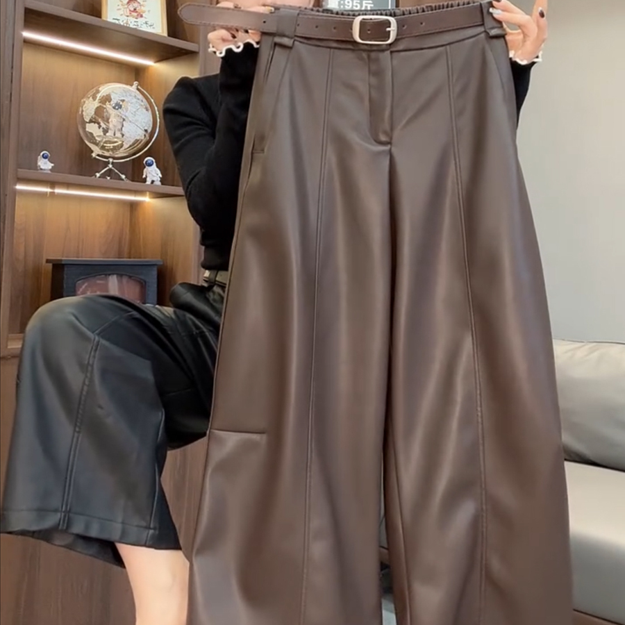 宽松百搭加绒蛋白皮裤阔腿弯刀裤