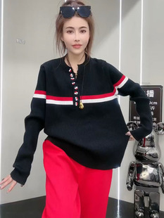 上衣女休闲拼色毛衣 宽松百搭V领纽扣针织衫 欧货2023秋冬新款 时尚