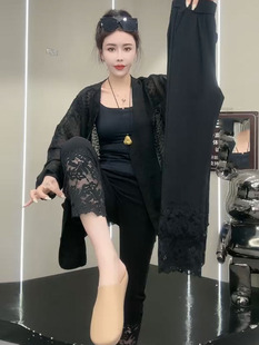 高弹力休闲九分纸皮裤 欧货大码 黑色高腰拼接蕾丝面膜裤 女装 子 夏季