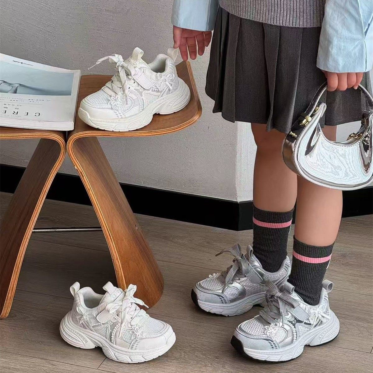 甜美花朵春款童鞋3-6-12岁儿童运动鞋女童老爹鞋网面透气女孩鞋子