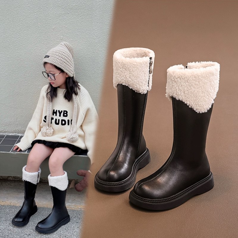 女童靴子长筒秋冬洋气时髦加绒巨好看黑色模特走秀皮靴高筒靴长靴