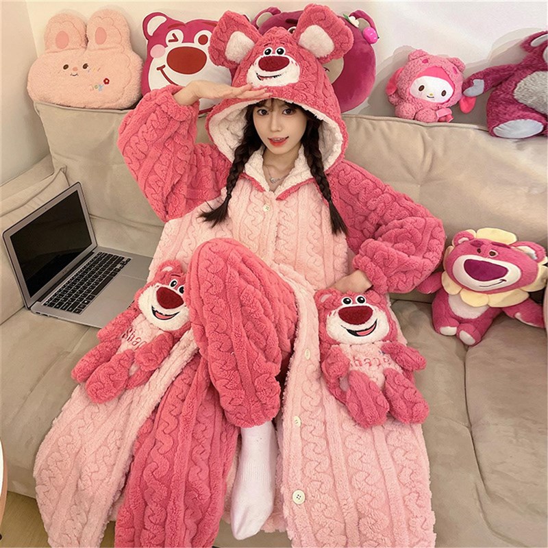 女士毛绒睡衣冬季珊瑚绒睡袍套装新款长袖加厚保暖家居服长袍式