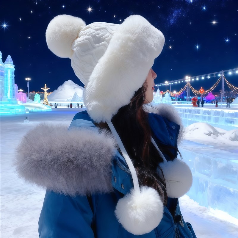东北防寒帽子毛茸茸护耳帽哈尔滨冬天大头围雪地保暖套头帽三毛球