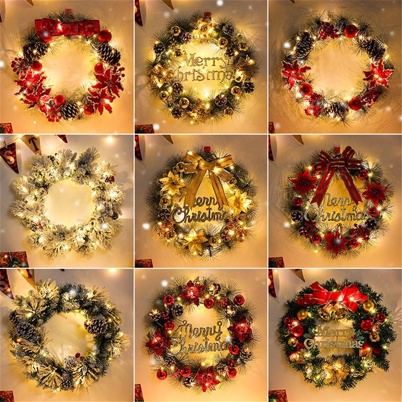 圣诞花环氛围灯发光圣诞节门挂花圈装饰挂件加密松针墙面吊饰布置