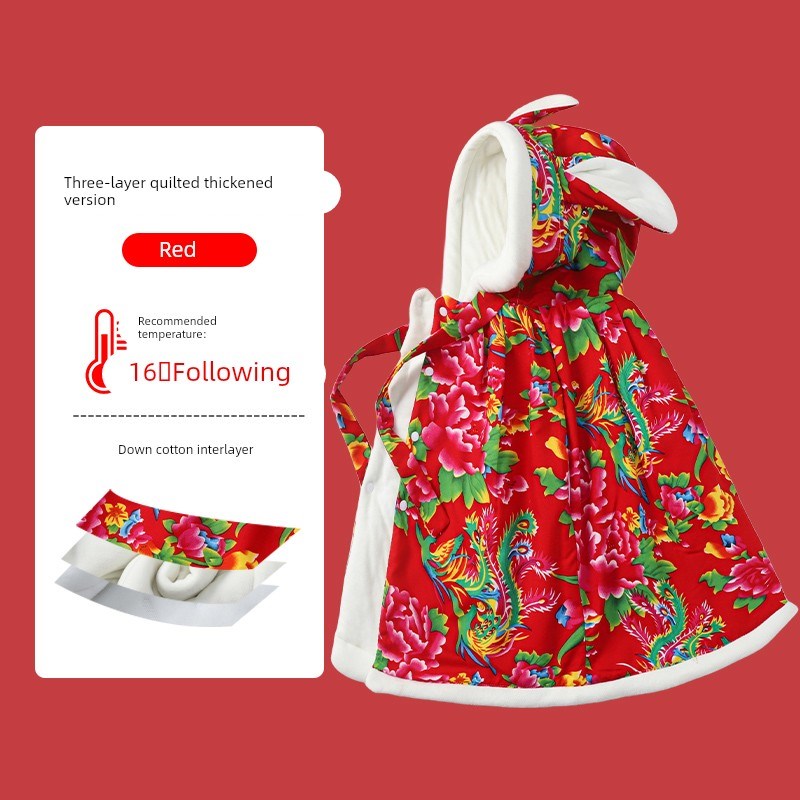 婴儿外出挡风斗篷小月龄东北大花布抱被儿童骑车防风宝宝披风加绒