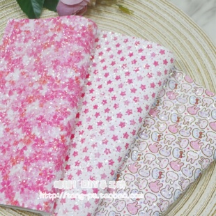 DIY发饰拼豆烫豆材料 大亮片印粉色系花朵星星小兔子闪粉皮革布