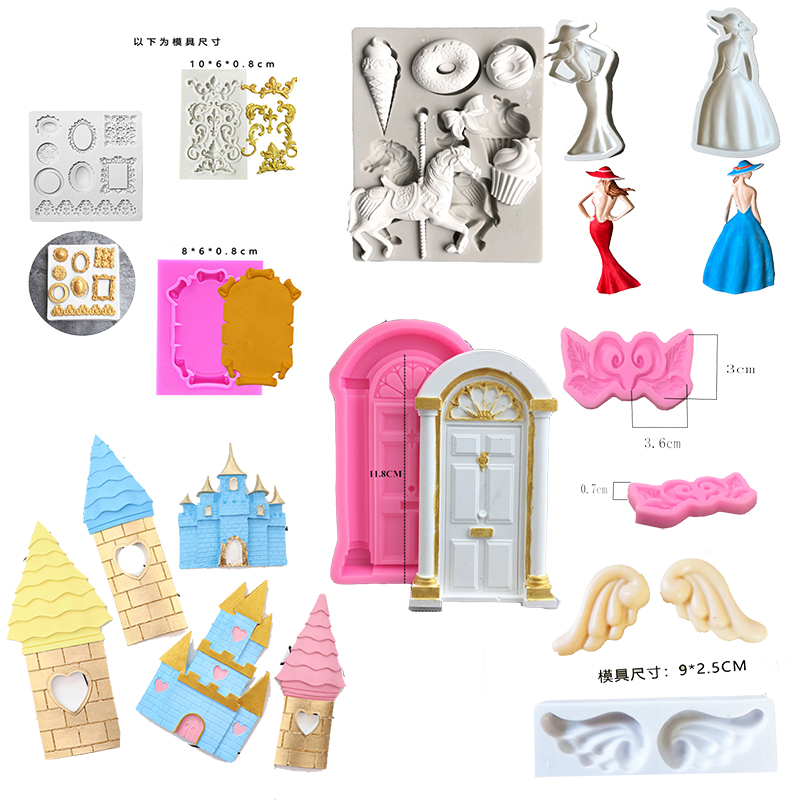 欧式天使翅膀木马镜子花边门城堡美女背影蛋糕装饰巧克力硅胶模具