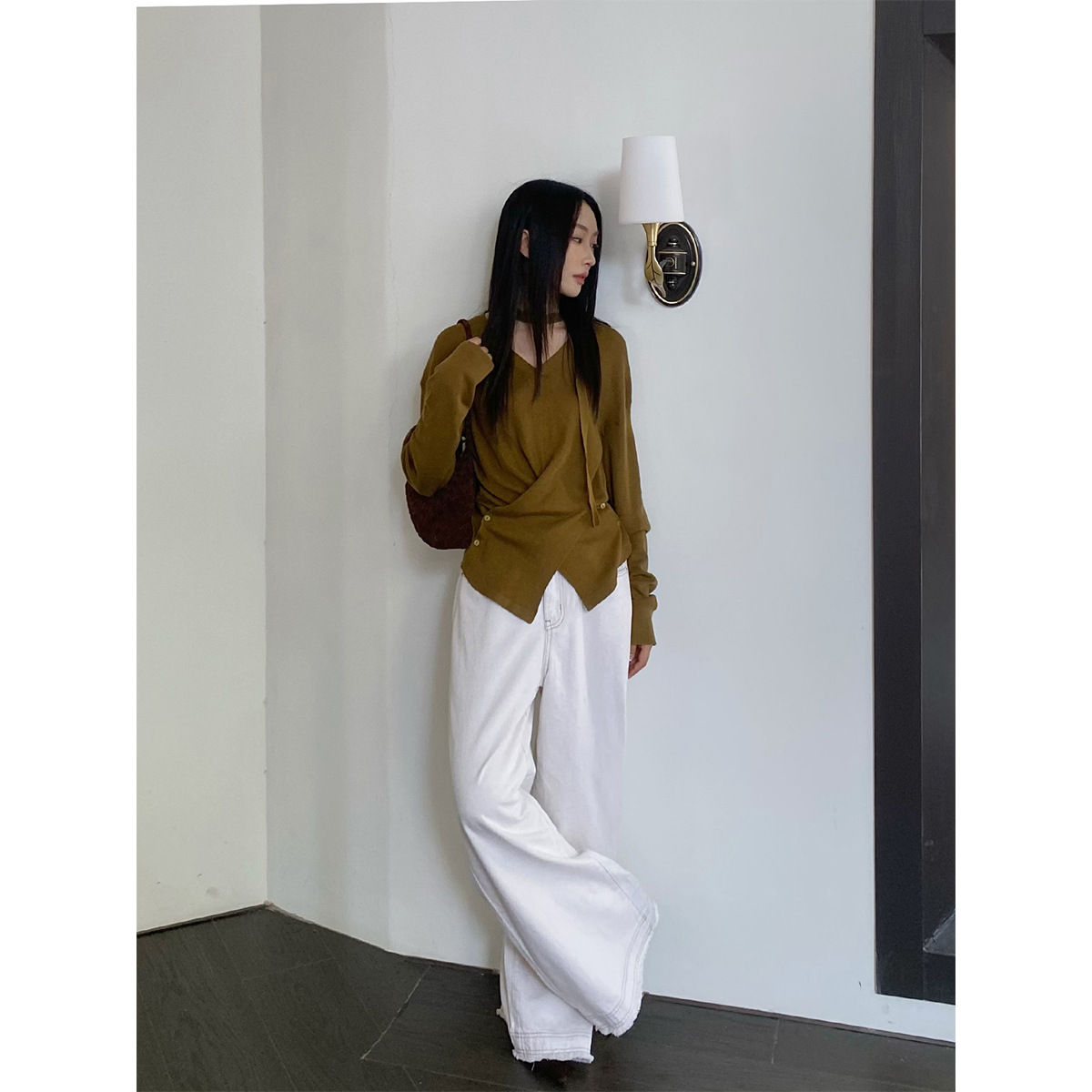 秋季新款系带收腰慵懒v领长袖交叉针织衫羊绒休闲简约女毛衫W1303