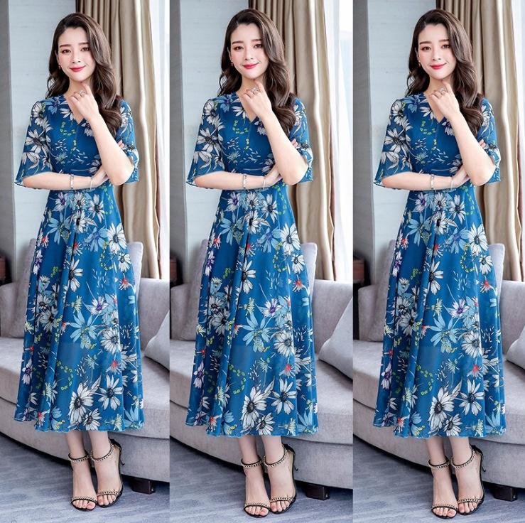 夏季女装碎花过膝长裙子女印花裙中长款V领短袖连衣裙喇叭袖A字
