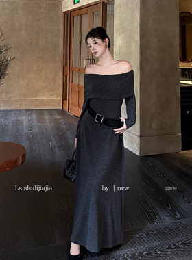 LS述致 法式别致一字肩连衣裙女2025秋冬新款气质中长款女装22876