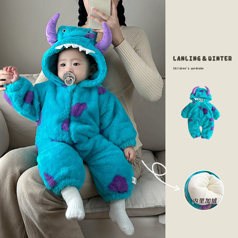 婴儿2025连体衣冬季加厚毛怪加绒棉服幼童宝宝衣服可爱小怪兽冬装