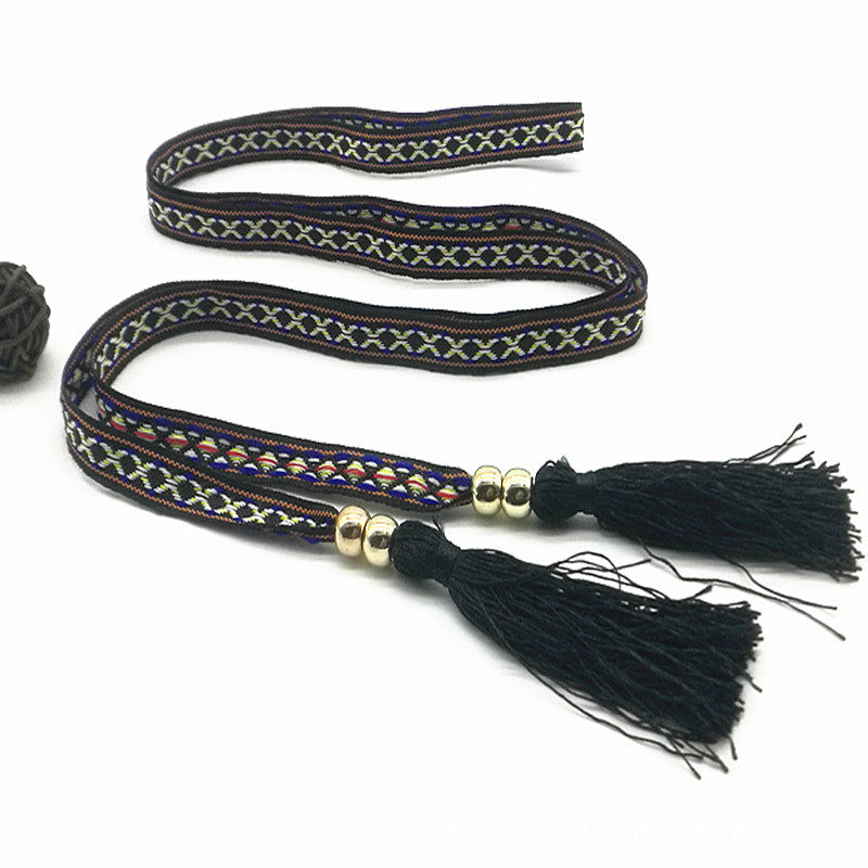 民族风腰链双面刺绣双长流苏蝴蝶结打结织带腰绳服饰配饰女细腰带