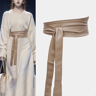 日系腰封女PU皮装饰连衣裙衬衫蝴蝶结系带复古休闲百搭双圈宽腰带