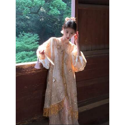 夏季2026高端新中式蕾丝珠绣连衣裙女国风时尚刺绣宽松长裙 N6003