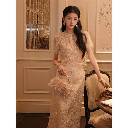 新中式夏季重工珠片蕾丝上衣女装国风气质修身衬衫半裙 N6071