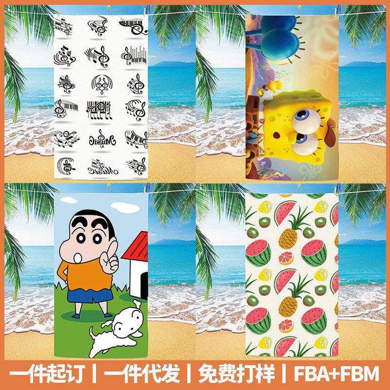 跨境ins风超细纤维沙滩毛巾浴巾数码印花卡通图案双面绒超强吸水