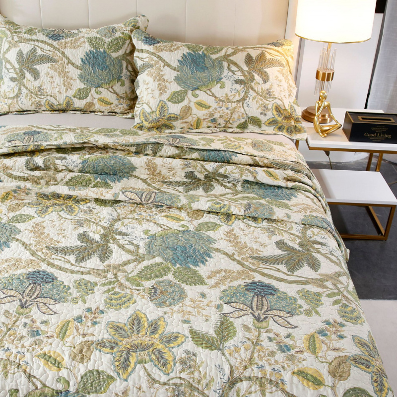 千义汇四季通用绣花纯棉床盖三件套田园风床盖枕套全棉三件套