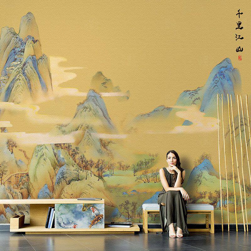 千里江山图壁纸客厅山水画壁画餐厅茶室办公室墙布直播间背景墙纸