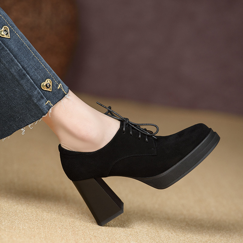 磨砂全皮粗跟单鞋女春秋季真皮系带皮鞋通勤职业工作鞋黑色高跟鞋