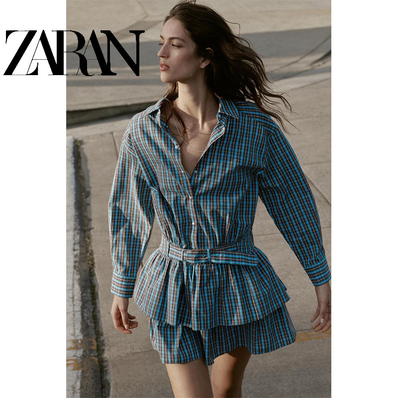 ZA 2026春季新品 女装 欧美风 时尚配腰带格子叠层连衣裙 2200533
