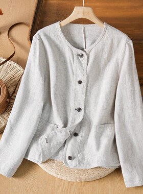 时尚汉麻时尚宽松百搭长袖春季外套2025秋季文艺复古圆领开衫女