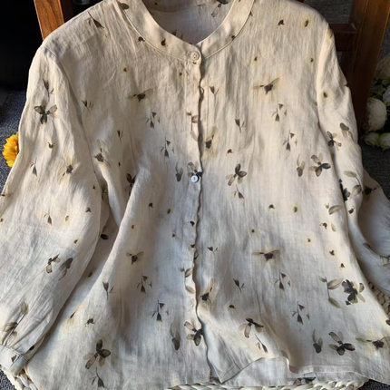 夏季新款立领T恤复古文艺印花衬衣汉麻防晒衬衫长袖宽松上衣女