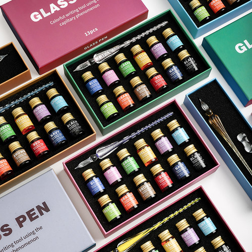 新款玻璃笔套装13件套蘸水笔礼盒装文具钢笔彩色墨水沾水笔礼品笔