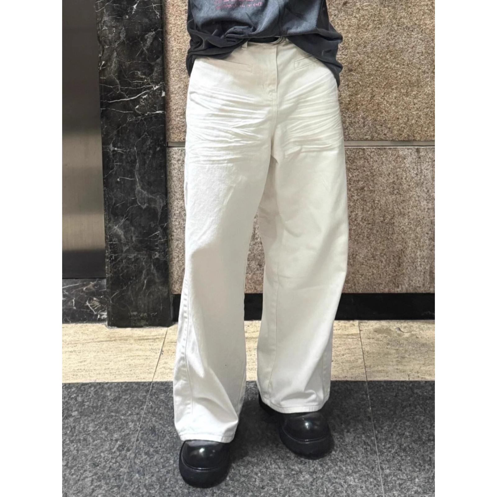 美式复古压褶立体抓痕猫须白色牛仔裤男直筒宽松阔腿休闲长裤子潮