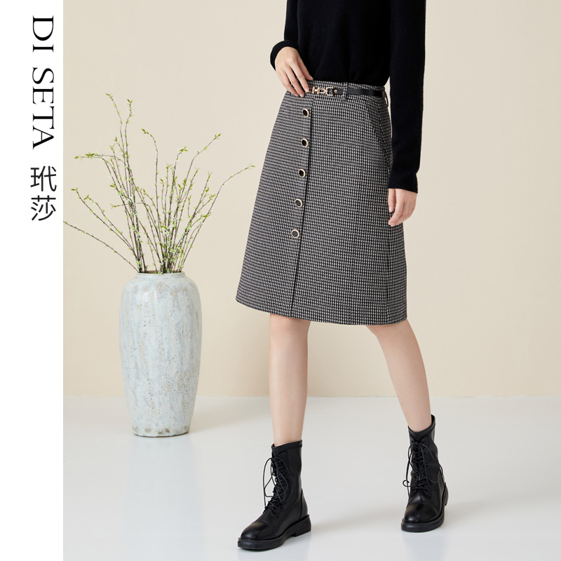 玳莎复古格子半身裙女 秋冬季新款优雅通勤中高腰包臀显瘦a字裙子