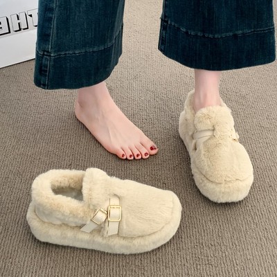 USA UGG厚底勃肯毛毛棉鞋女2025新款冬季一脚蹬加绒保暖毛绒豆豆