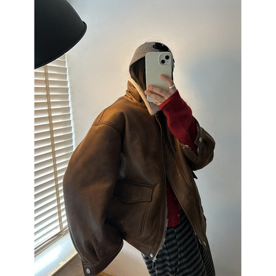 鬼鬼家正品韩代东大门 又暖又酷皮毛一体羊羔毛保暖皮衣机车棉衣