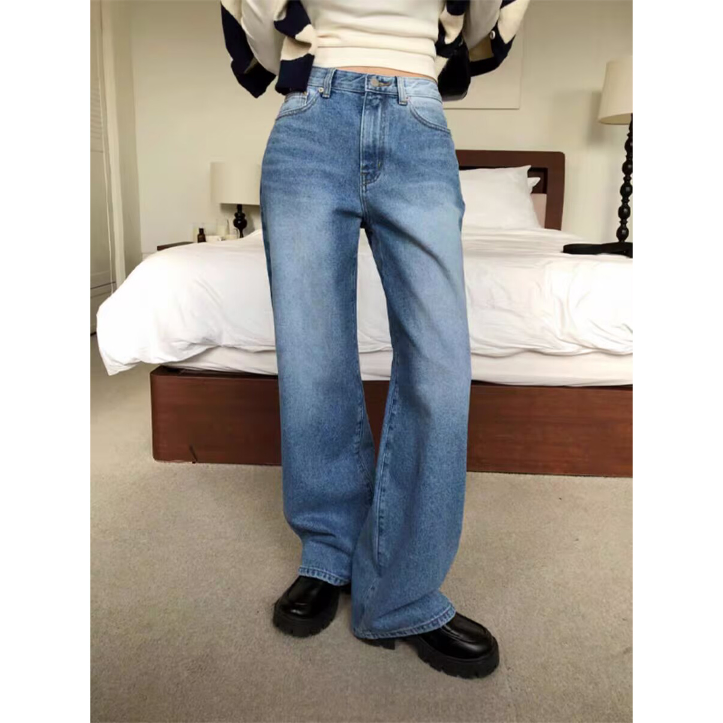 少量现货正品韩代东大门25moco高腰系扣水洗磨白直筒牛仔裤阔腿裤